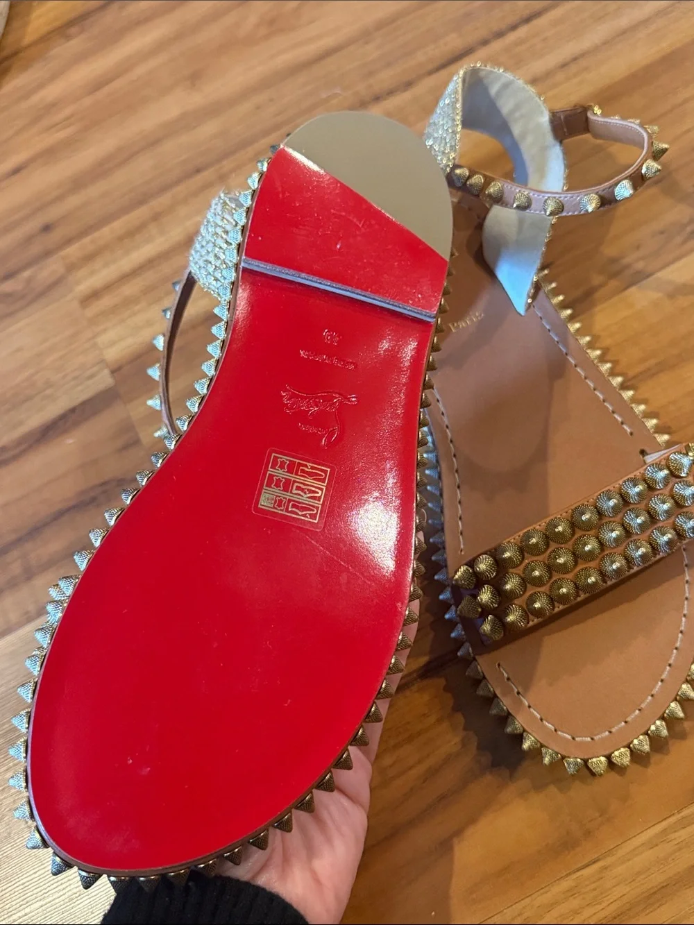 Christian Louboutin Brown Leather Studded Flat Sandals with Gold Spikes size 40